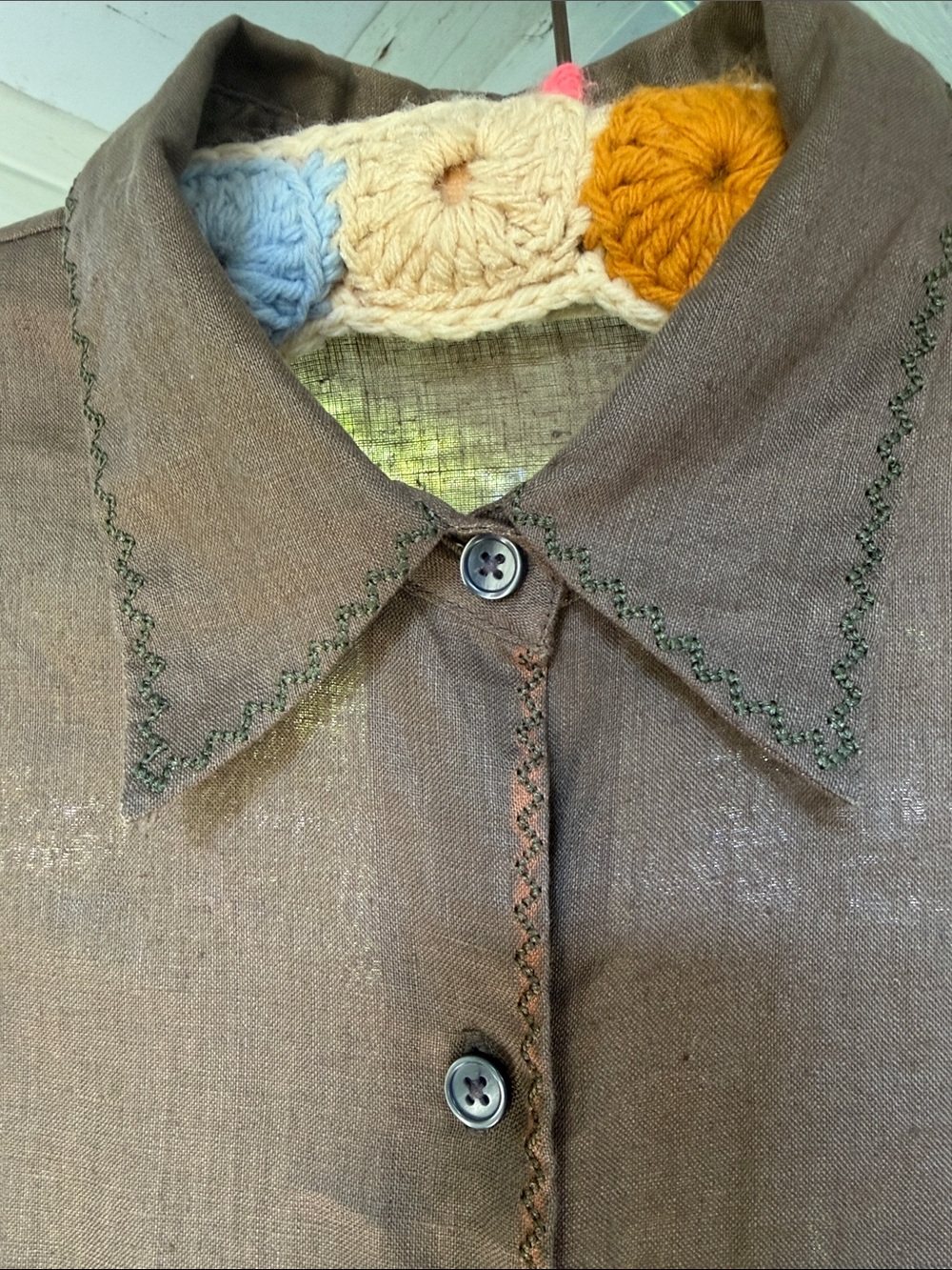 Eddie Bauer Brown Linen Button-Down Shirt Embroidered Detail